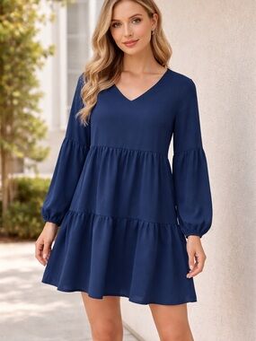 Women's Navy V-Neck Tiered Long Sleeve Dress